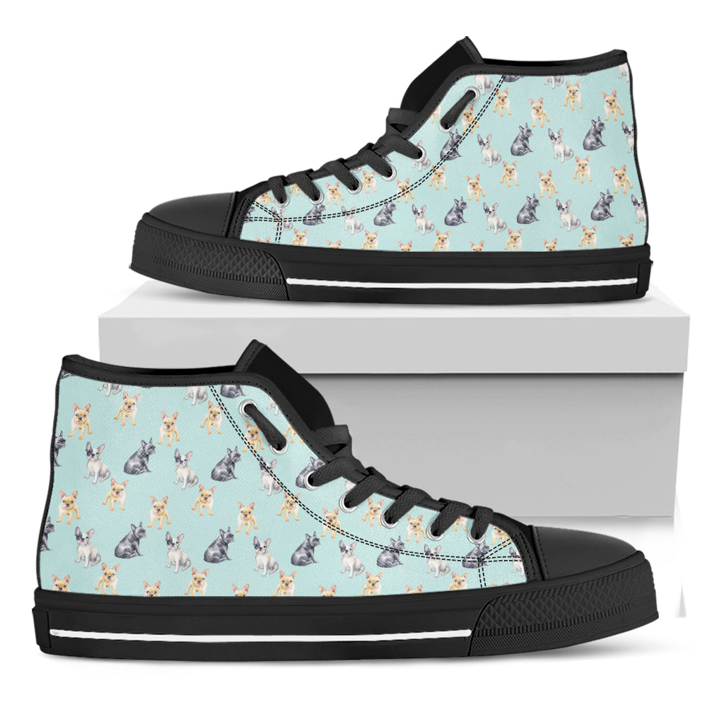 Watercolor French Bulldog Pattern Print Black High Top Shoes