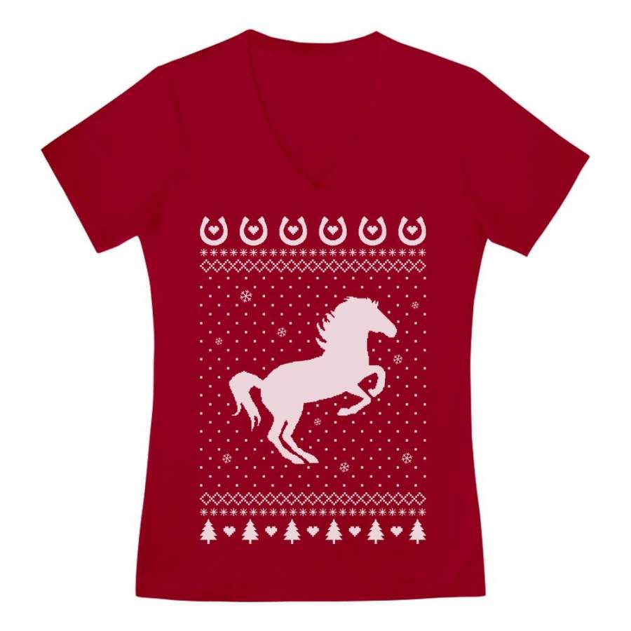 Ugly Christmas Sweater Love Horses V-Neck Fitted Women T-Shirt