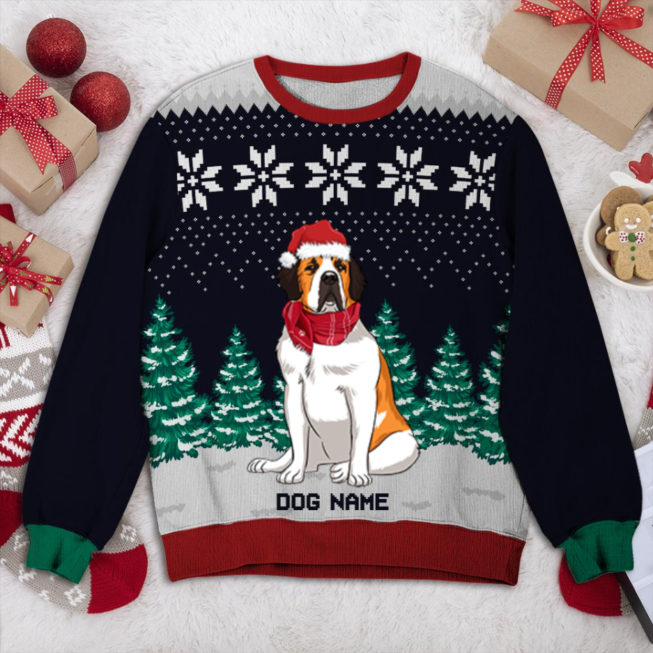 St Bernard Dog And Christmas Tree Personalized Sweater, Dog Ugly Christmas Sweater