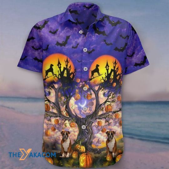 Happy Halloween With Amazing Boxer And Bat Pumpkin Tree Gift For Dog Lovers Hawaiian Shirt Ha14956