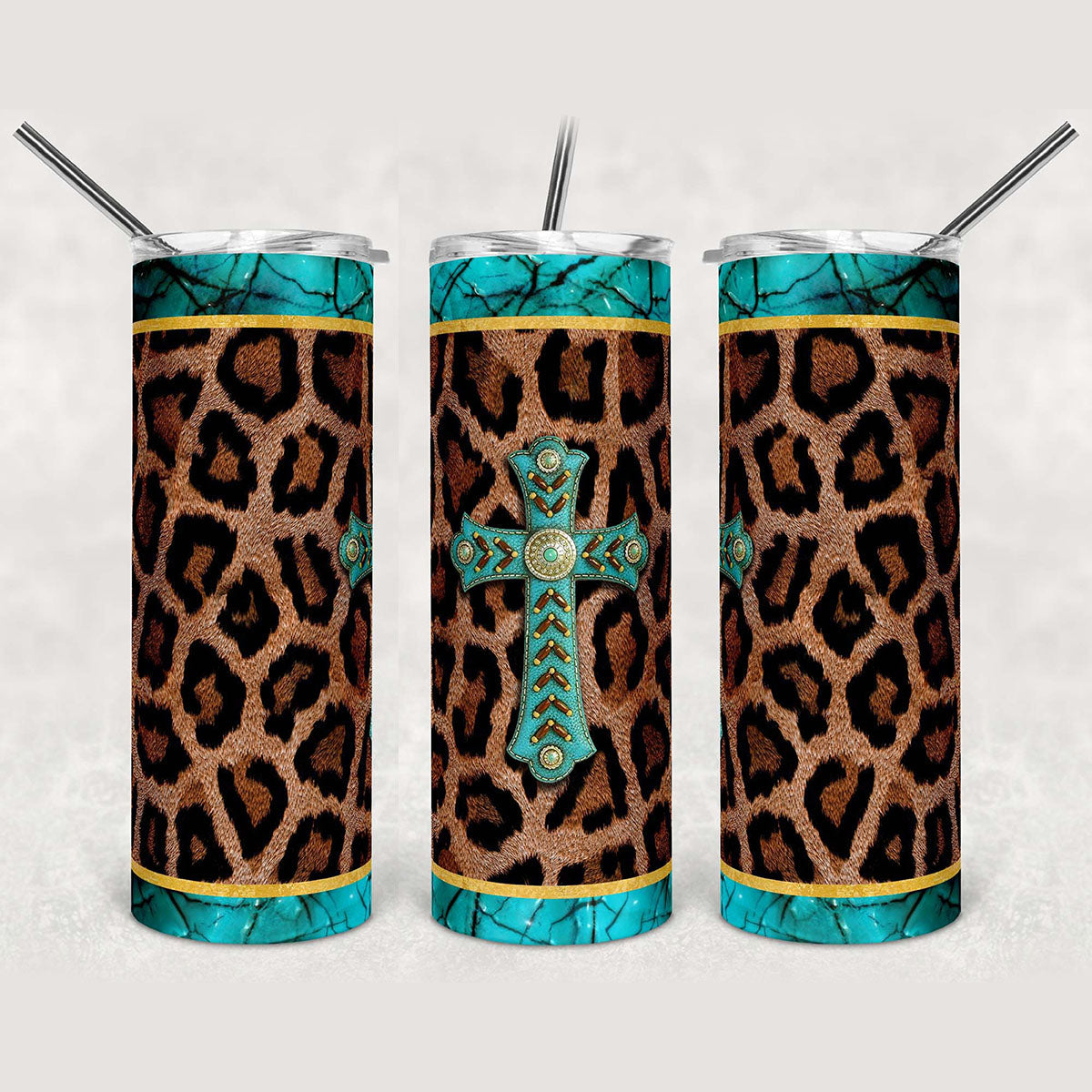 Custom Tumbler Leopard Pattern With Cross – Stainless Steel Tumbler (20Oz)