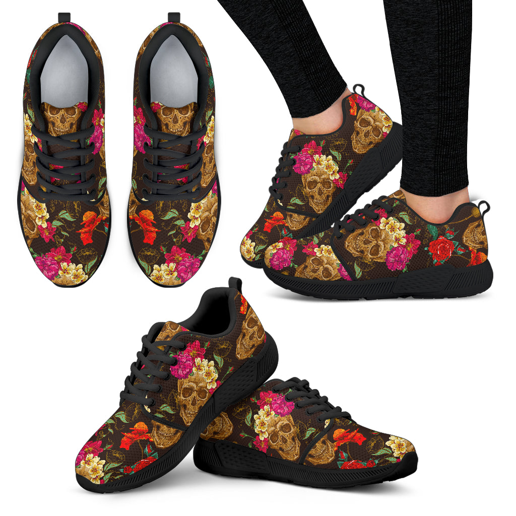 Vintage Flowers Skull Pattern Print Women’S Athletic Shoes