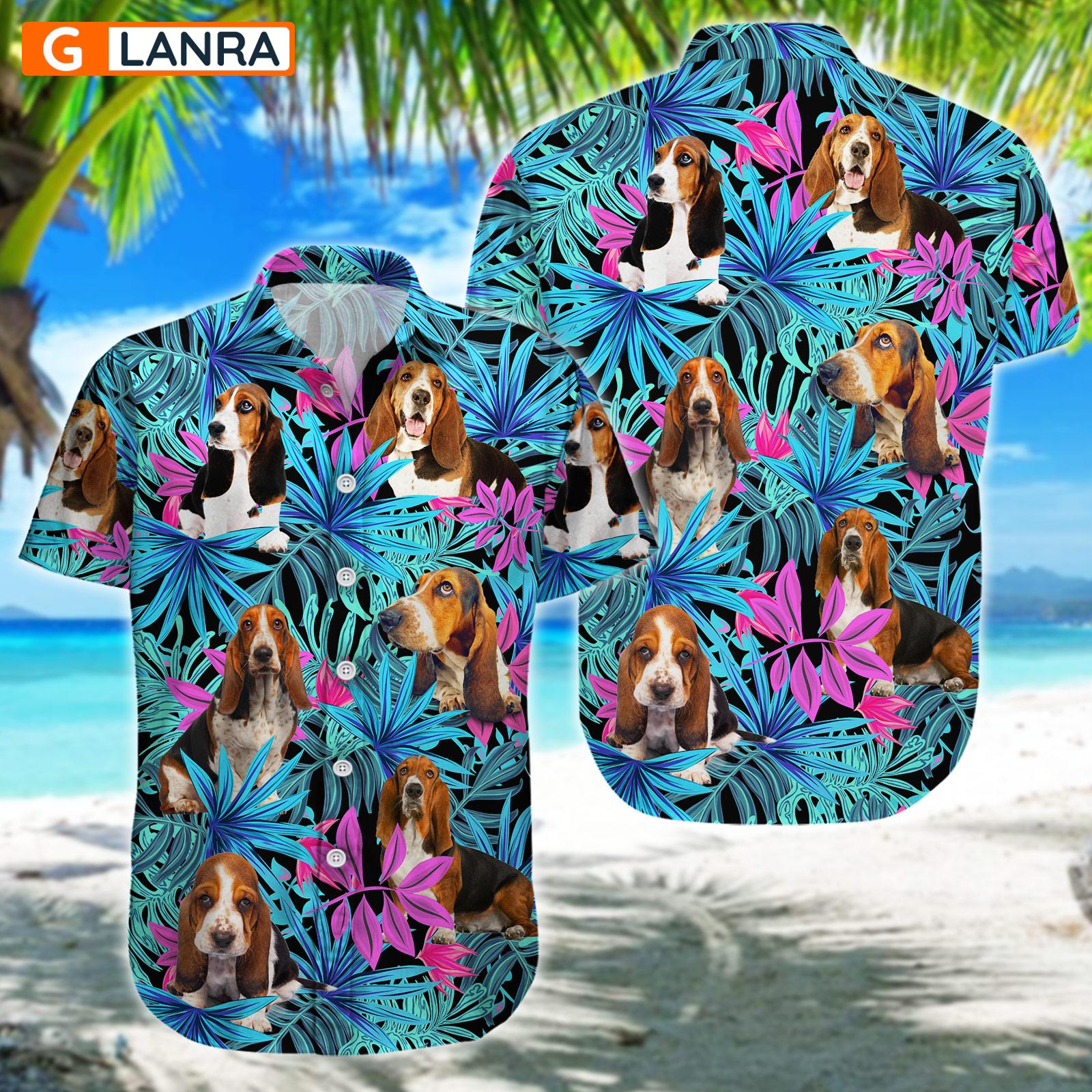 Basset Hound Palm Leaves Button Shirt, Basset Hound Button Shirt, Summer Dog Hawaiian Shirt, Dog Leaf Hawaiian Shirt, Summer Tropical Shirt