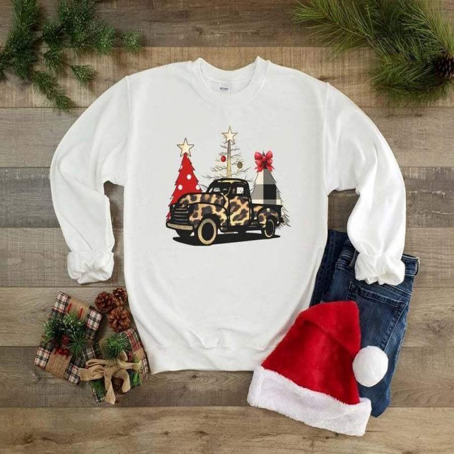 Christmas Sweatshirt,Sublimation Leopard Truck Trees,Christmas Shirt For Women,Plus Size Shirt,Christmas Trees Shirt