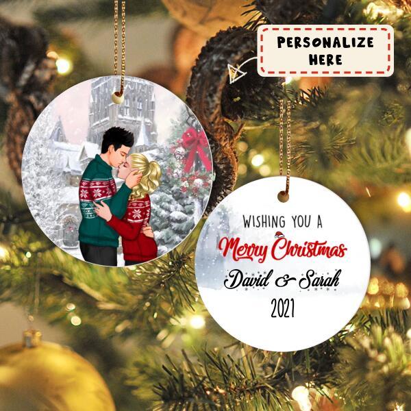 Personalized Kissing Couple Winter Landscape Ceramic Ornament, Christmas Gift