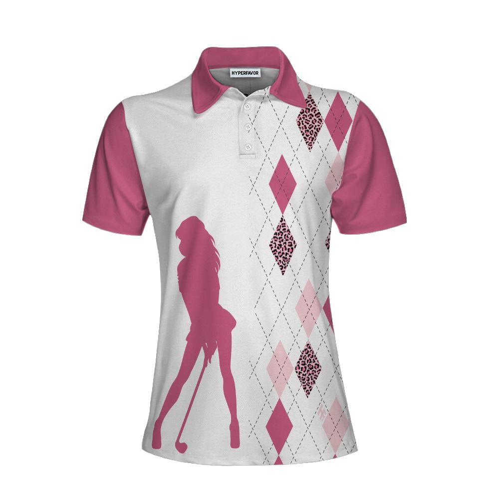 Talk Birdie To Me Short Sleeve Women Polo Shirt, Best Pink Argyle And Leopard Pattern For Golf Ladies