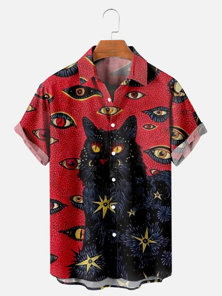 Men’S Halloween Cat Print Lapel Short Sleeve Shirt, Halloween Shirt, Gift For Halloween Day