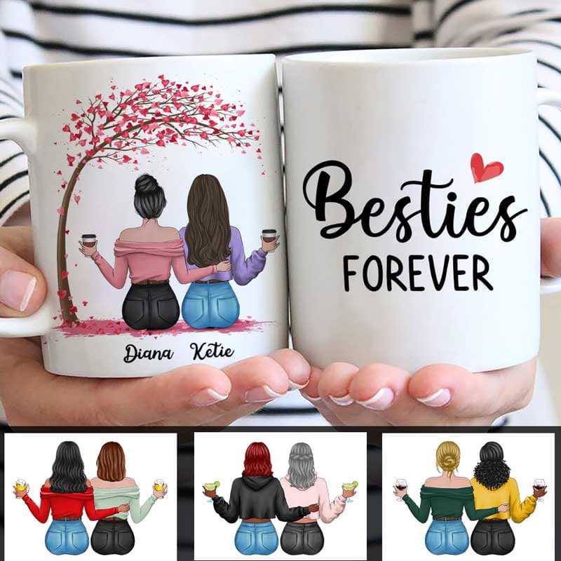 Besties Sitting Under Pink Tree Personalized Mug