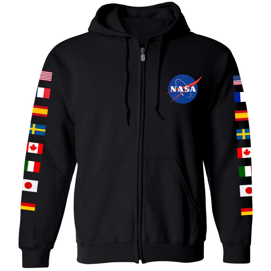 NASA Astronaut Group 16 Black FULL-ZIP Hoodie Sweatshirt with Flags on Sleeves