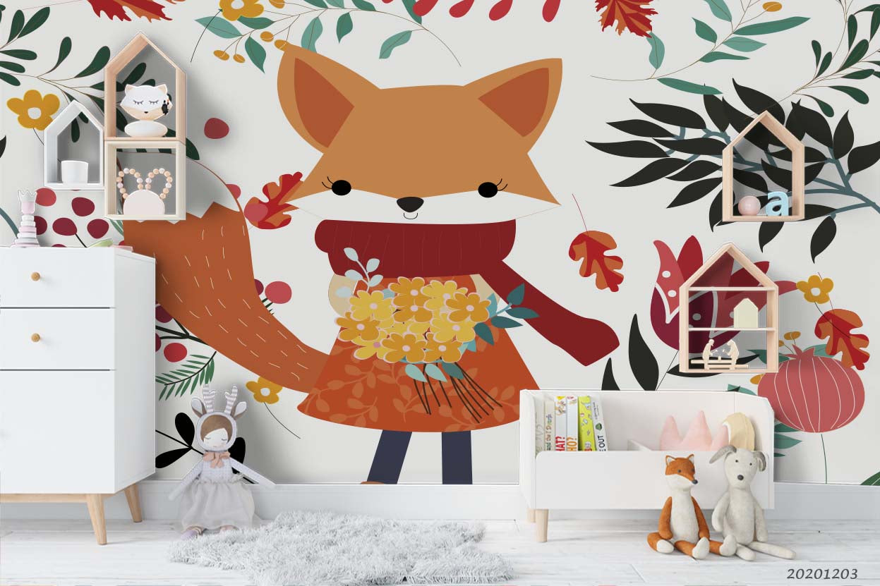 3D Cartoon Fox Animal Colorful Floral Plant Wall Mural Wallpaper Lxl