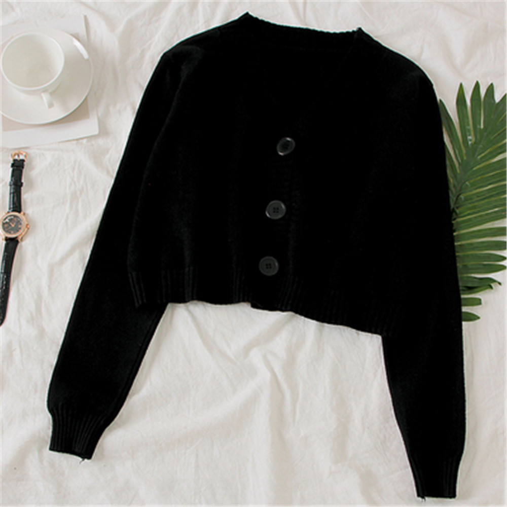 Women’s Cropped Cardigan Sweaters Female Black White Short Sweater V Neck Single Breasted Sweater Woman Knitted Cardigan tops alx