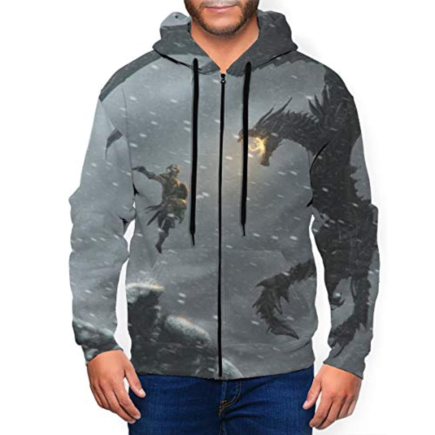 THE ELDER SCROLLS Hoodies – Skyrim Dragonborn Grey Zip Up Drawstring Hoodie with Pocket