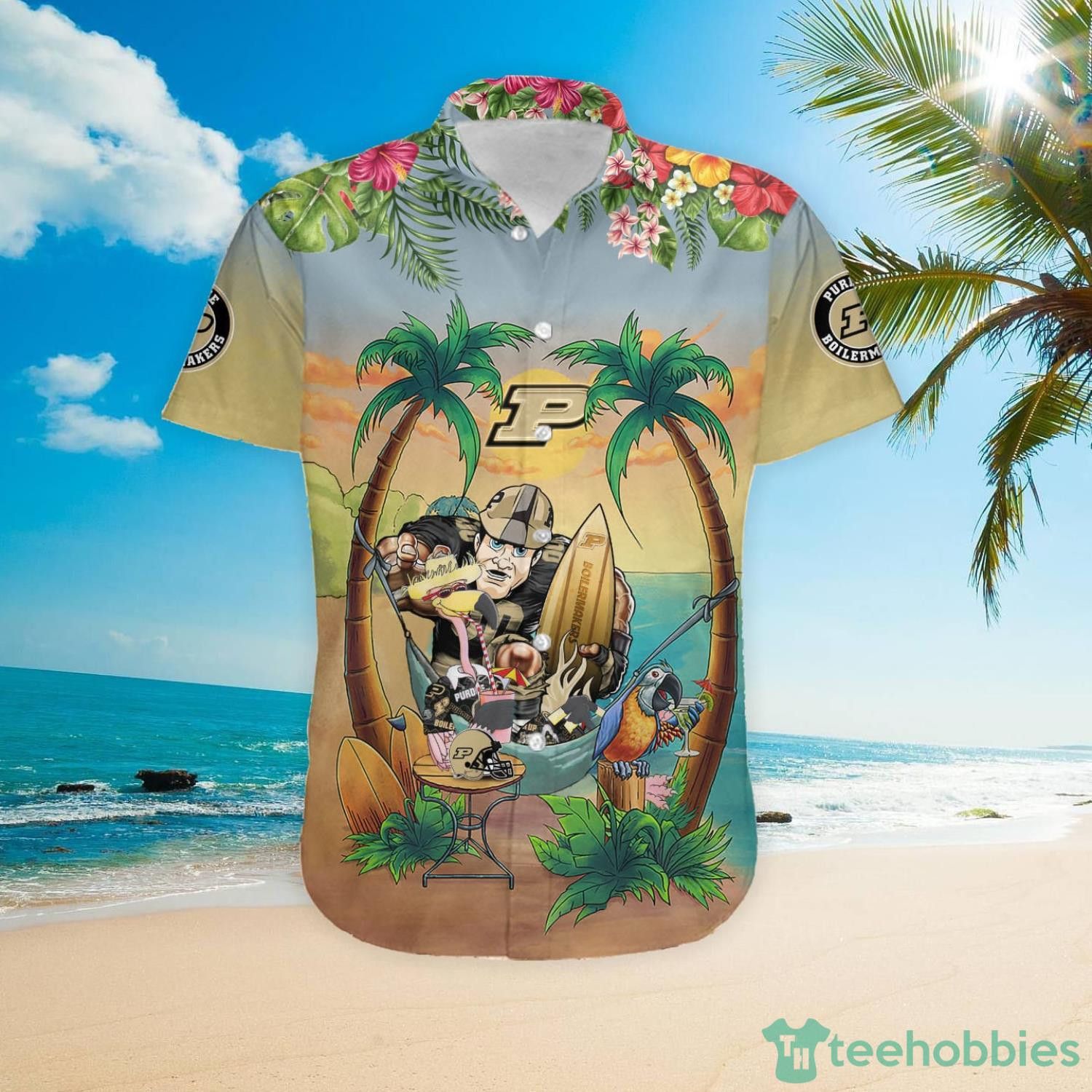 NCCA Purdue Boilermakers Custom Name Flamingo Parrot Hawaiian Shirt