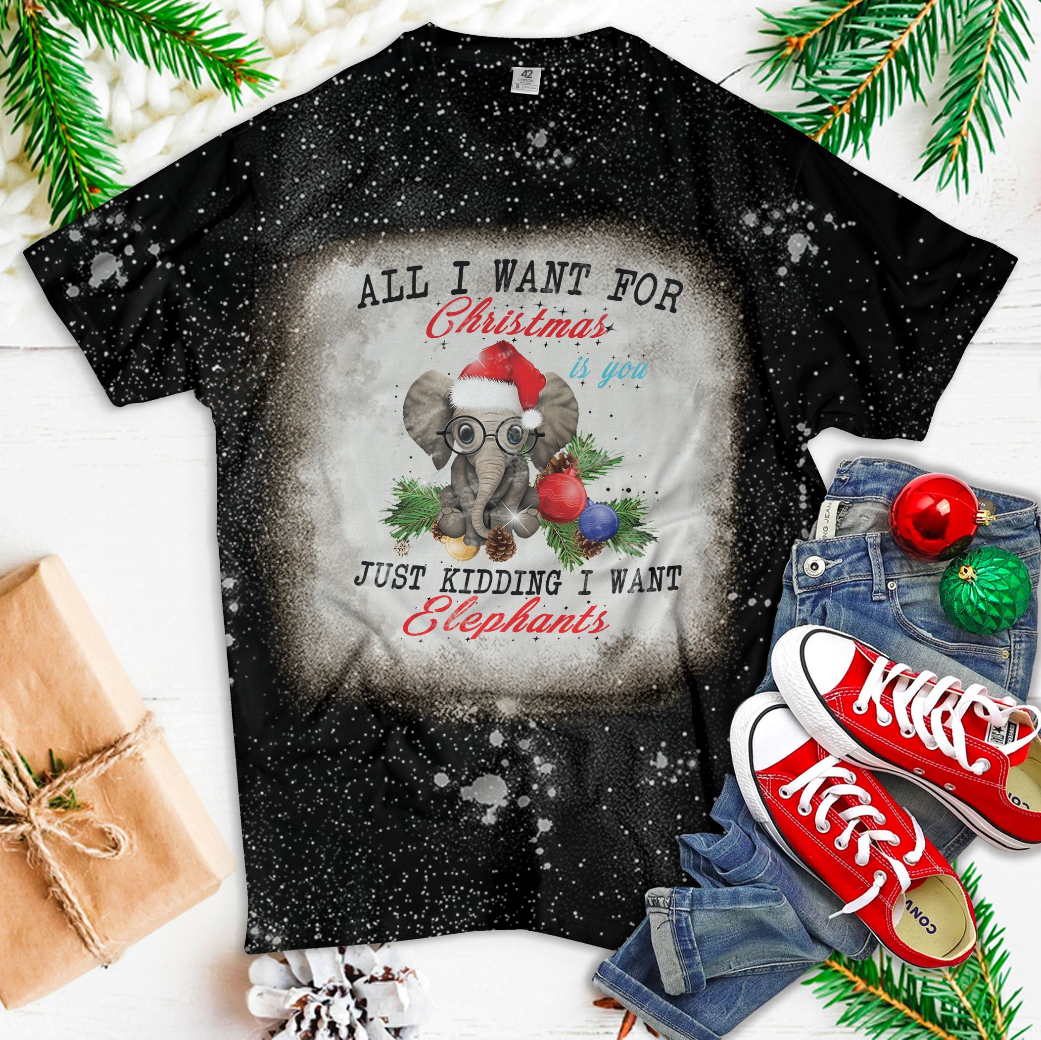 All I Want For Christmas Is Elephants Funny Xmas Gift Bleached T Shirt For Men Women