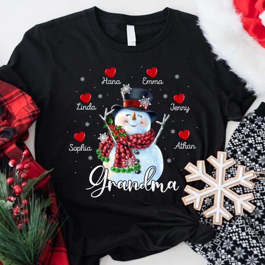 Personalized Grandma Snowman Christmas Shirt, Christmas Grandma Nana Mimi Shirt Custom Names, Nana Snowman Heart Shape Shirt  for Xmas 2022