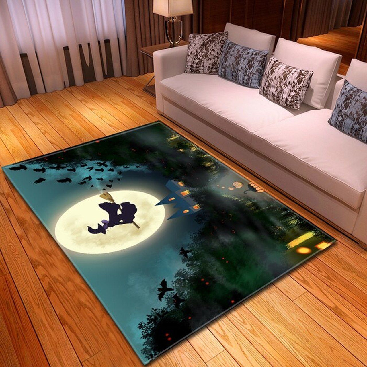 Halloween The Witch Flying On The Magic Broom At Full Moon Area Rugs Living Room Carpet Floor Decor The Us Decor