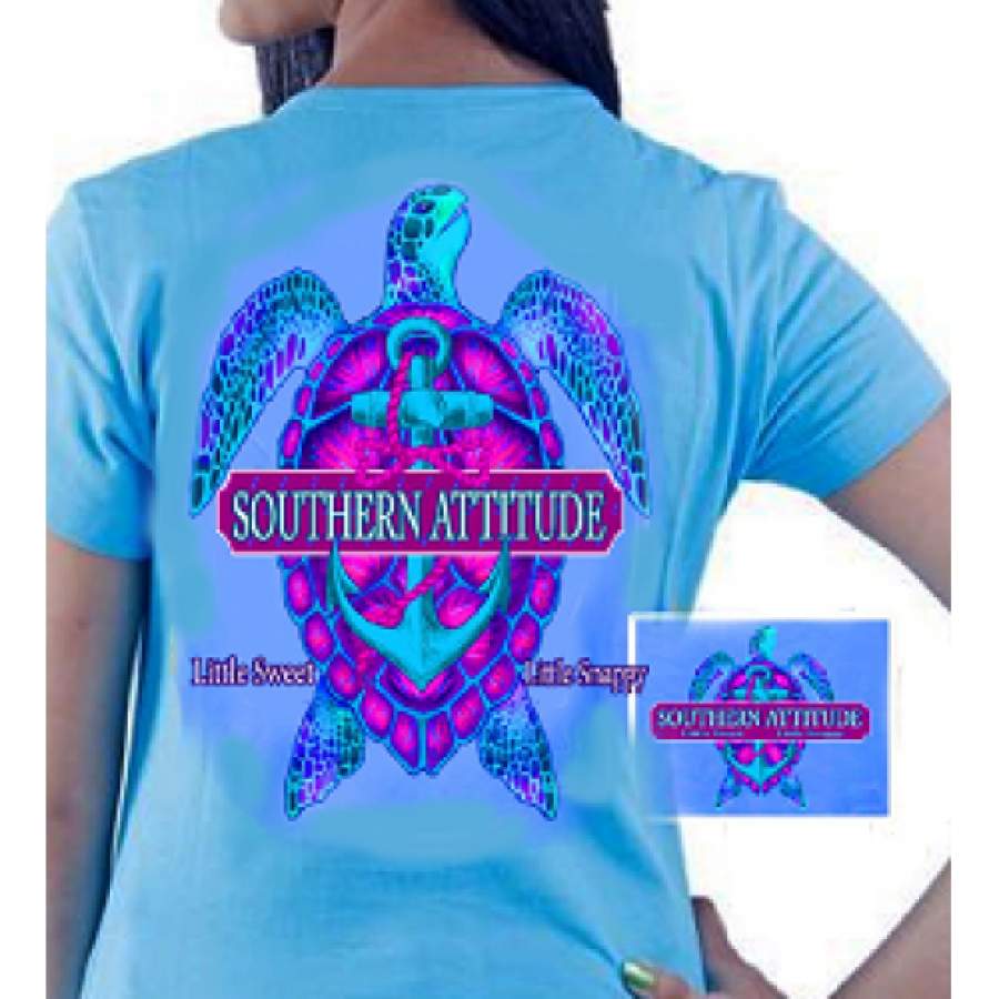 Country Life Outfitters Southern Attitude Snappy Turtle Anchor Bow Carolina Blue Vintage Girlie Bright T Shirt