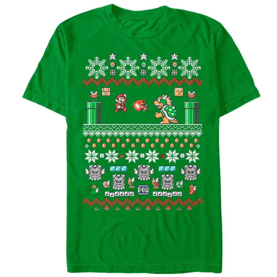 Nintendo Men’s Ugly Christmas Mario and Bowser  T Shirt Kelly Green