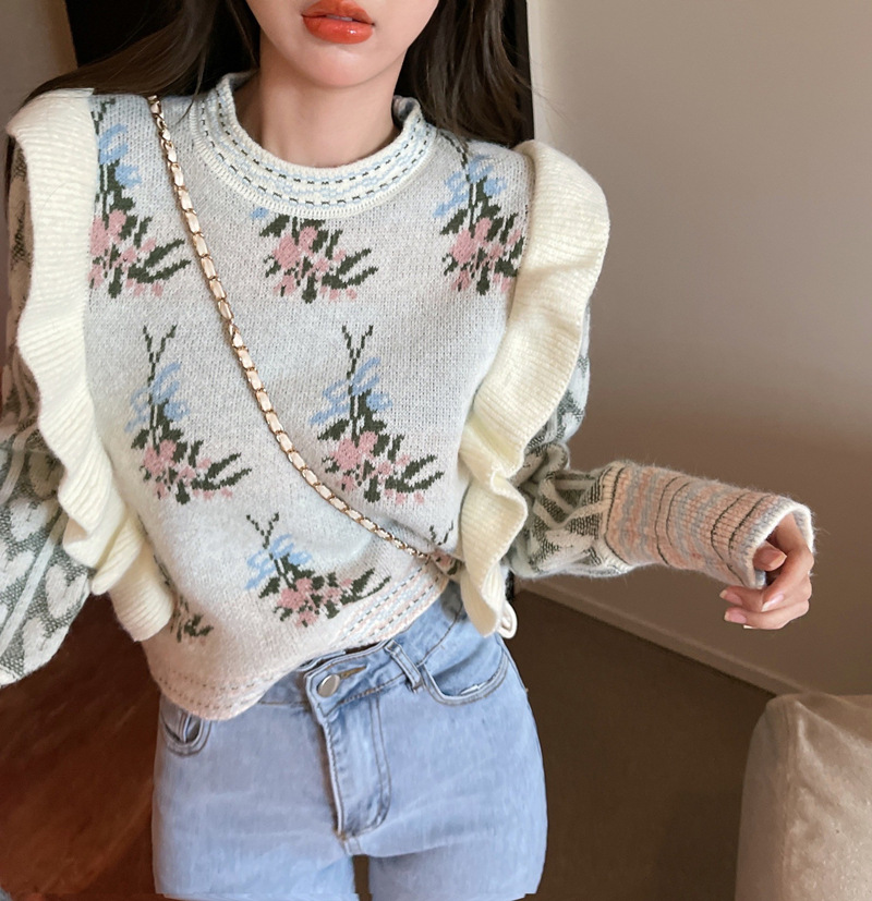 Cropped Cardigan Jacket Women’s Clothing Vintage Jacquard Sueter Mujer Sweet Ruffles Knitted Korean Sweater Tops Pull Femme alx