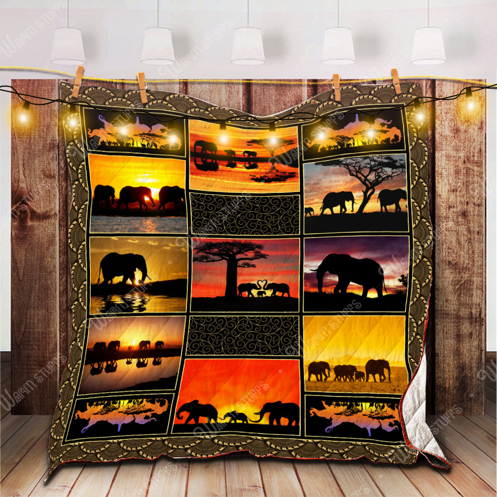 Elephants And Sunset  Shadow  Quilt Blanket