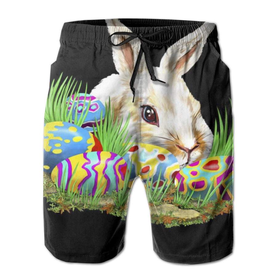 2 Pack Cute Bunny With Easter Eggs Horizontal Poster Men Swim Trunks Drawstring Elastic Waist Quick Dry Beach Shorts with Mesh Lining Swimwear Bathing Suits