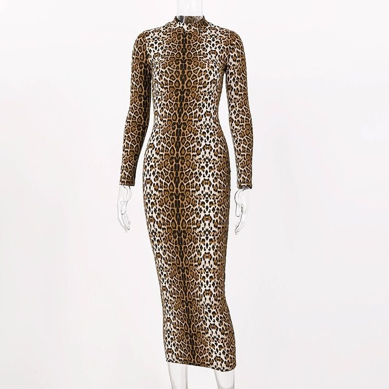 leopard print long sleeve slim bodycon dress