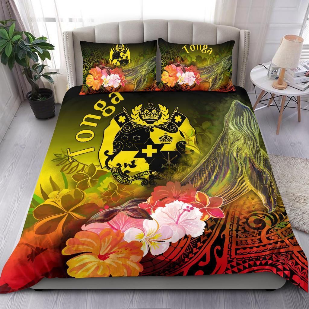 Alohawaii Bedding Set – Cover And Pillow Cases Tonga Humpback Whale With Tropical Flowers (Yellow)- Bn18