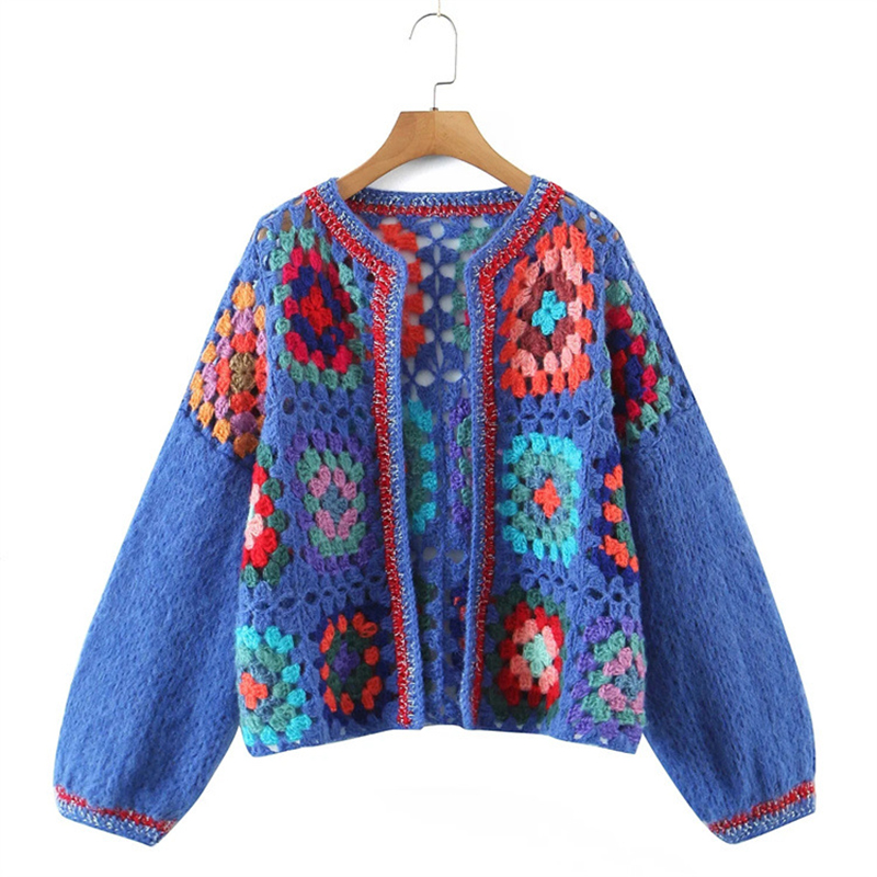 2022 Early Autumn New Sweet Long-Sleeved Knitted Cardigan Handmade Square Embroidery Fashion Personality Temperament Sweater alx