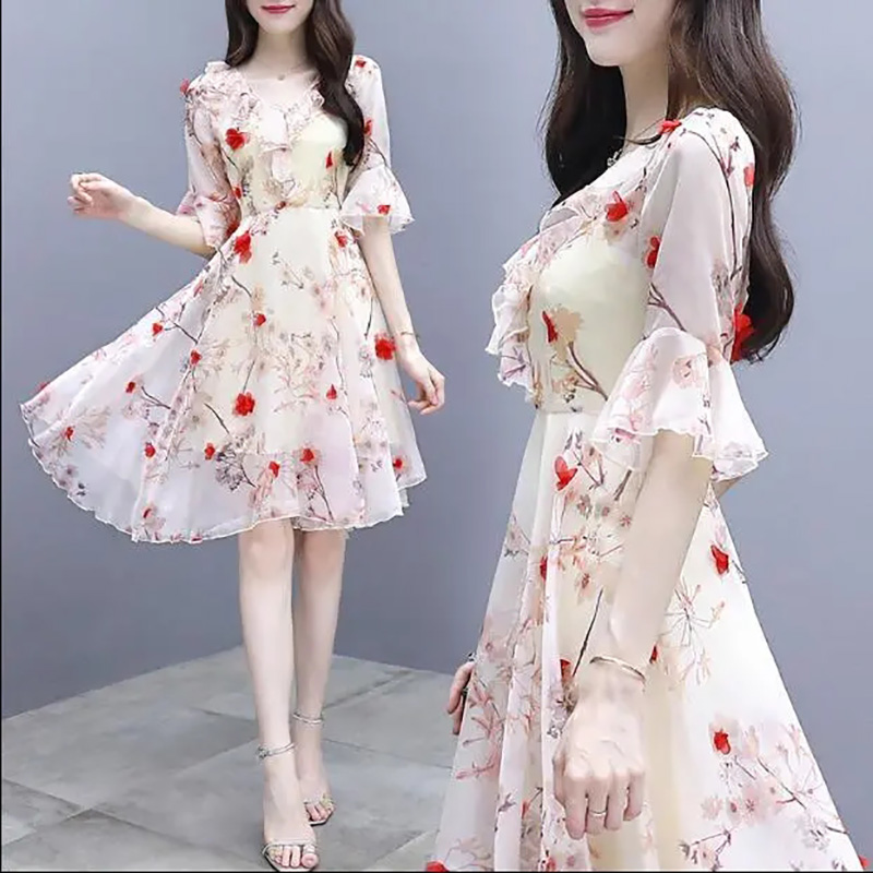 Sweet Slim Waist Chiffon floral Dress Women Fashion 3D Printing irregular Mid Dresses Ladies Summer Boho Vacation Beach Dress alx