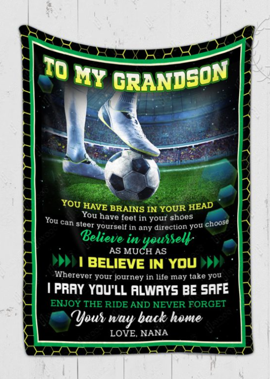 To My Grandson, I Believe In You, Soccer Fleece Blanket Gift For Soccer Lovers For Grandson Home Decor Bedding Couch Sofa Soft And Comfy Cozy