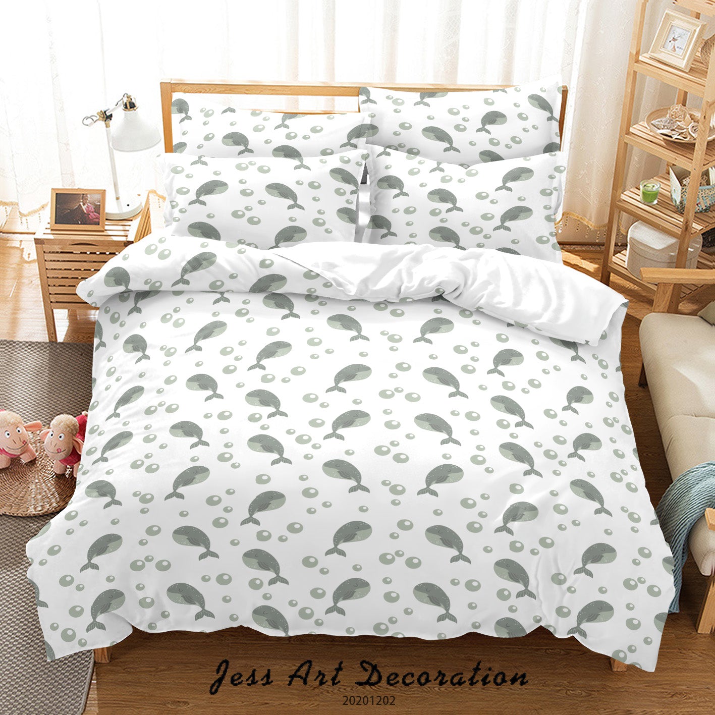 3D Hand Drawn Grey Whale Bubble Pattern Quilt Cover Set Bedding Set Duvet Cover Pillowcases Lxl