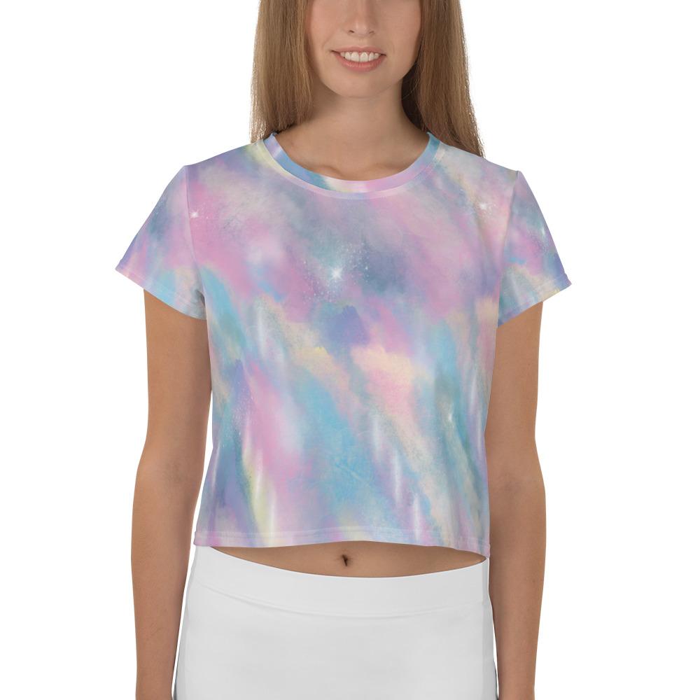 Dreamy Watercolor Ocean Paint Pink Blue Brush Abstract Iridescence Print Crop Tee, Cotton Candy Pearl Crop Top