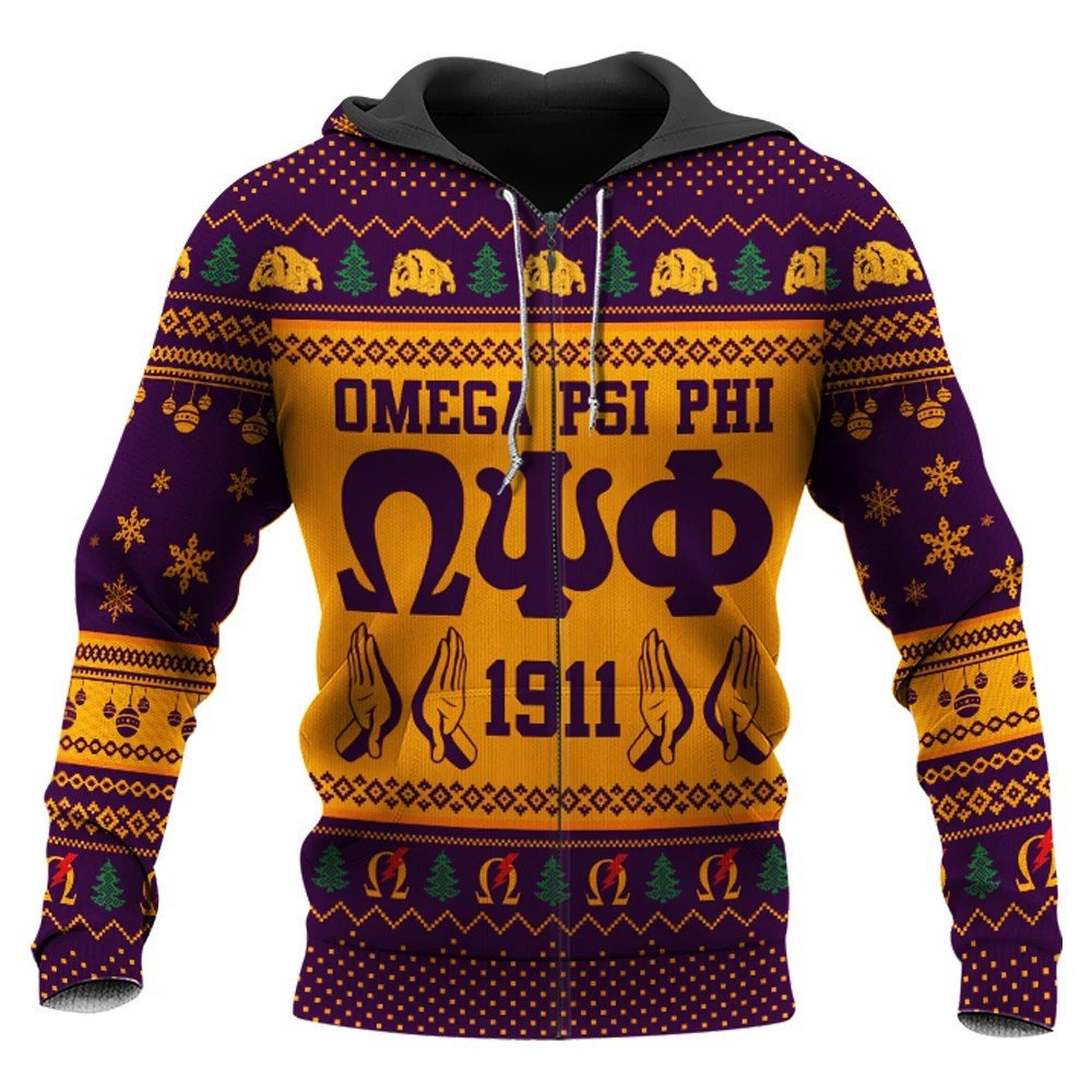 Fraternity Hoodie – Omega Psi Phi Handsign Christmas Zip Hoodie