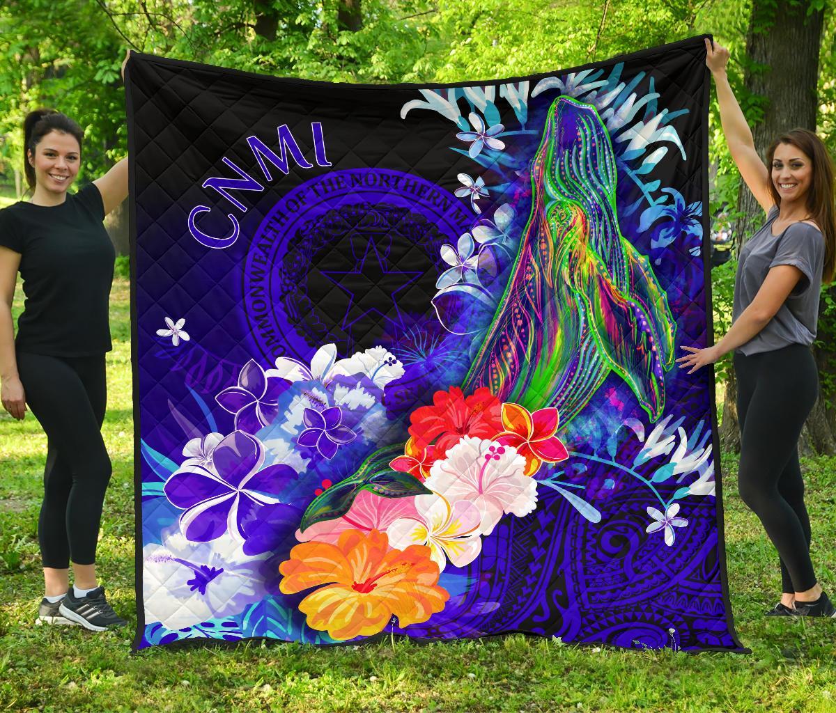 Cnmi Premium Quilt – Humpback Whale With Tropical Flowers (Blue)