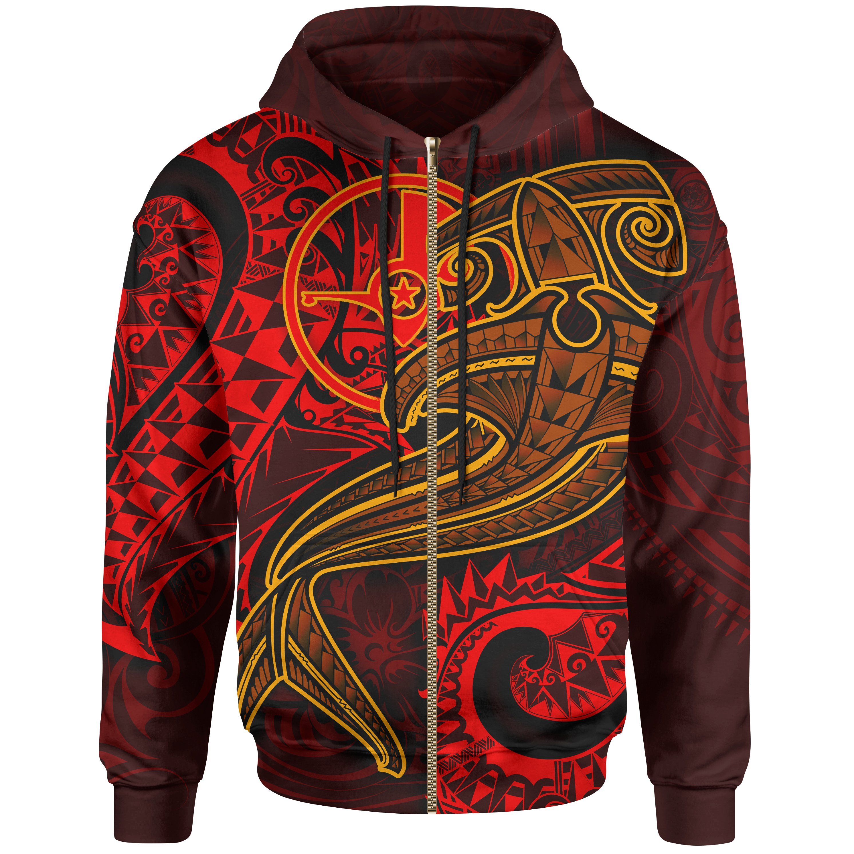 Yap Zip-up Hoodie  – Red Shark Polynesian Tattoo – Pacific Print Hoodie