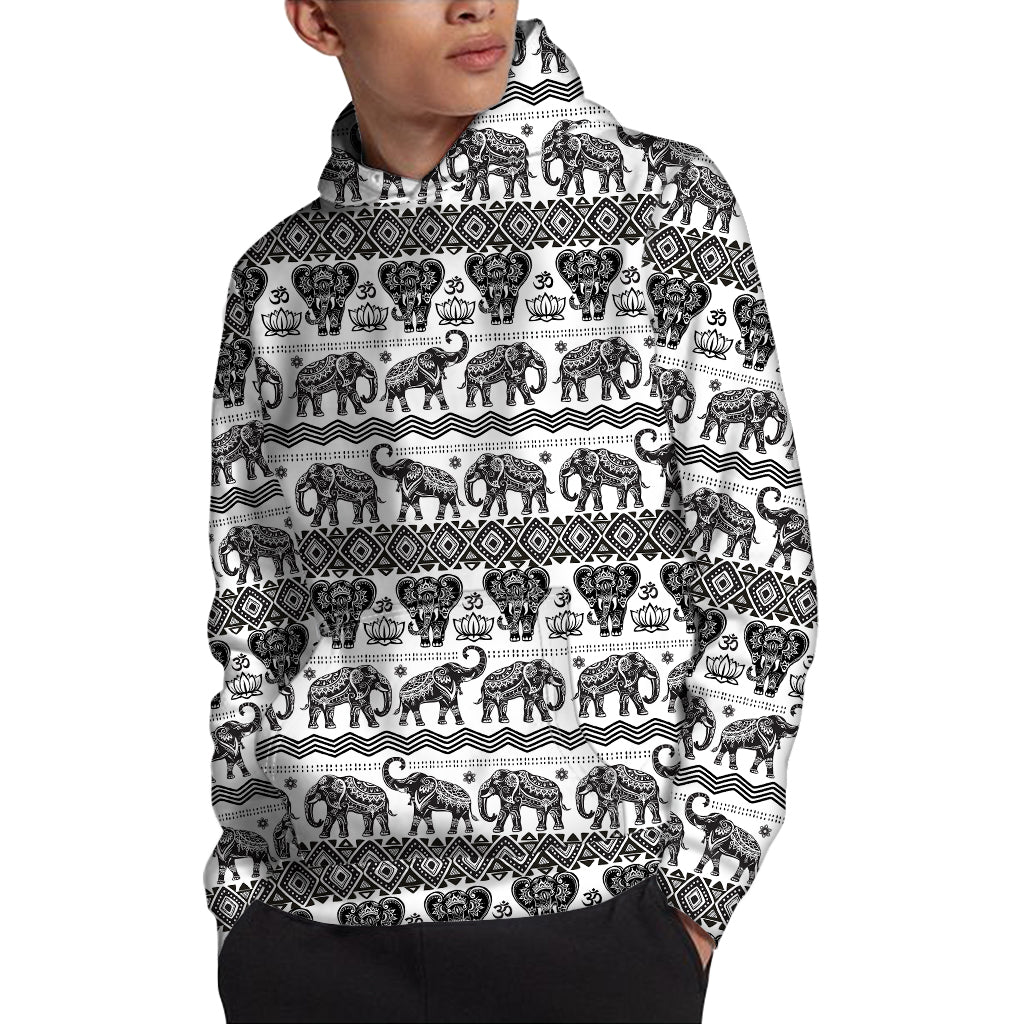 White And Black Indian Elephant Print Pullover Hoodie