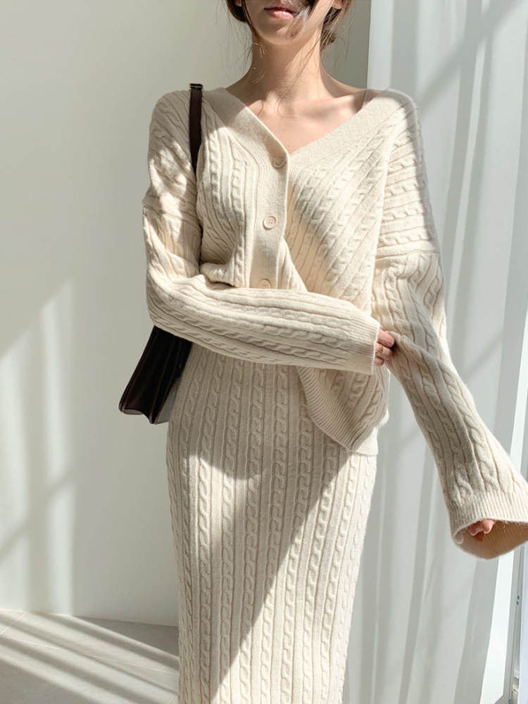 Women Knitted Skirt Suits Winter Autumn Elegant Office Lady Korean V Neck Cardigans High Waist Split Pencil Skirts 2 Piece Sets alx