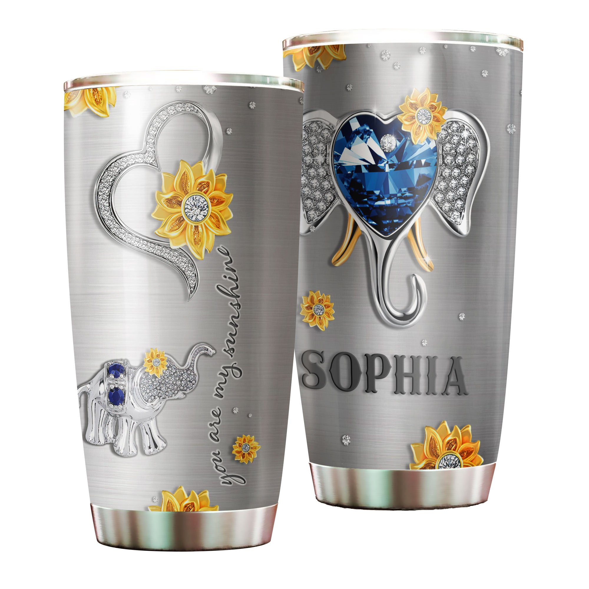 Personalized You Are My Sunshine Elephant Diamond Style Stainless Steel Tumbler-Wall Insulated Cup With Lid Travel Mug  01