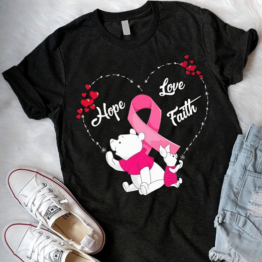 Breast Cancer Awareness Winnie The Pooh Hope Love Faith T Shirt Hoodie Sweater Size S-5Xl
