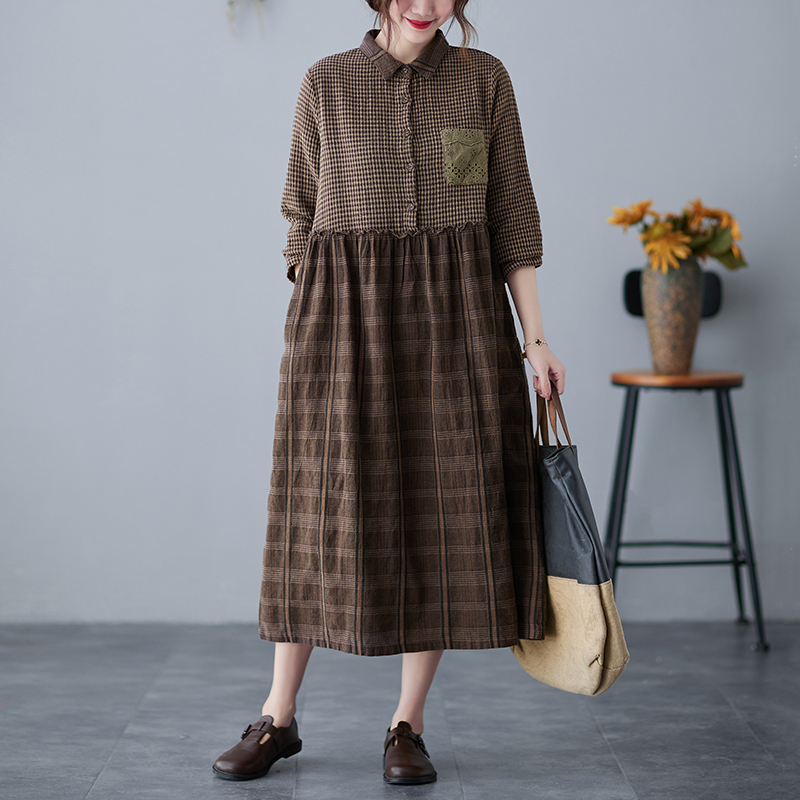 2022 New Arrival Fashion Plaid Blouse Dress Patchwork Linen Cotton Long Sleeve Spring Dress Women Casual Midi Autumn Dress alx