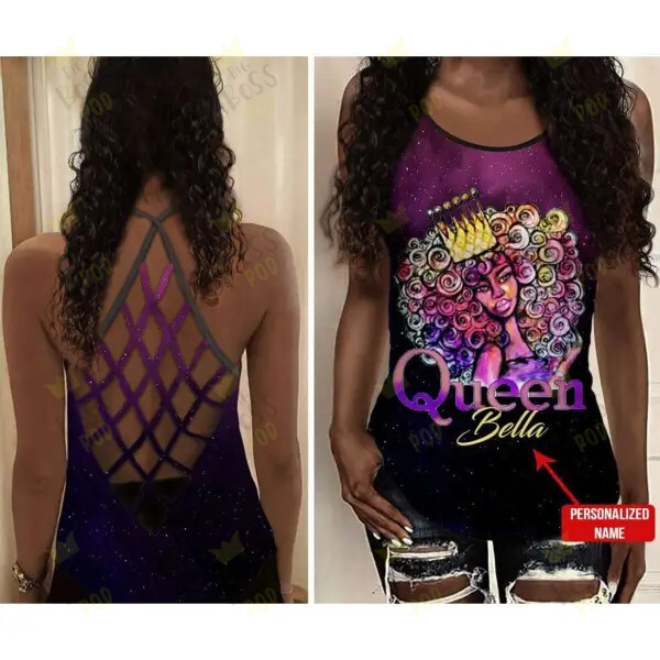 Personalized Afro Black Queen 3D Criss-Cross Tank Top, Gift For Black Women