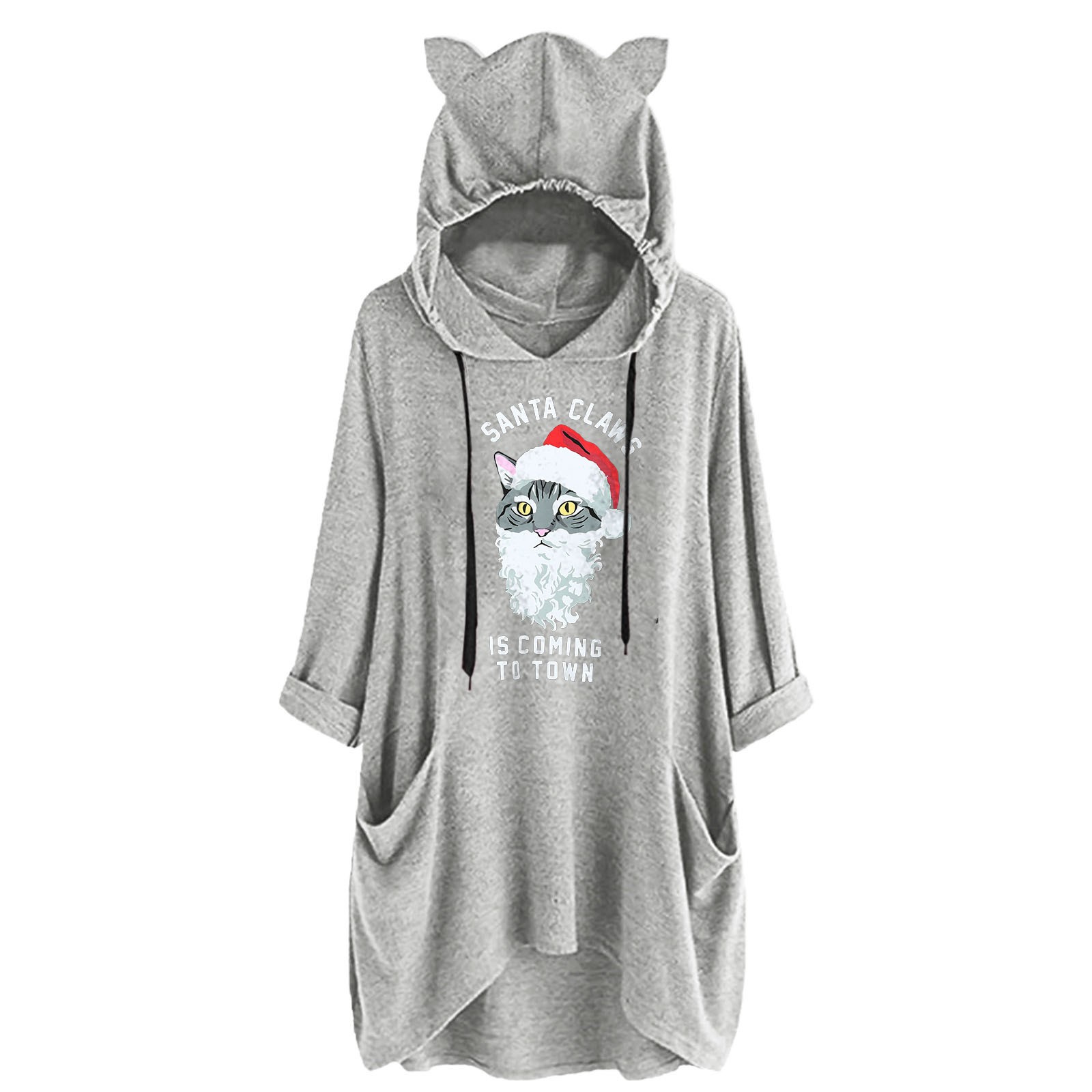 Women’s Christmas Ears Hat Hooded Top Long Sleeve Cute Print Loose Two Pockets Sweatshirt alx