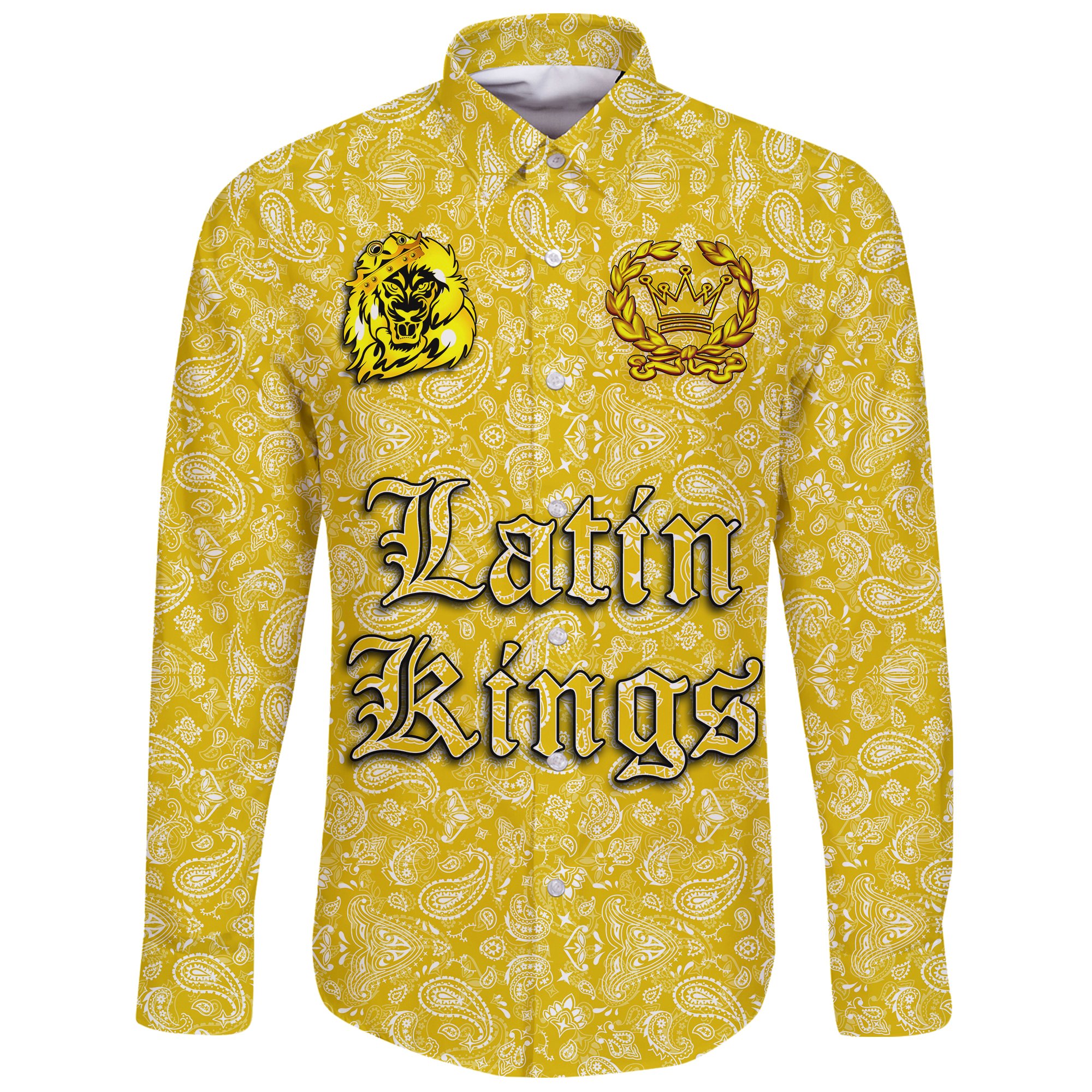 (Custom) Latin Kings Long Sleeve Button Shirt Yellow Bandana A31