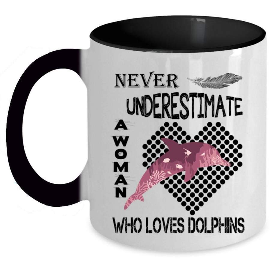 Beautiful Lady Coffee Mug, A Woman Loves Dolphins Accent Mug