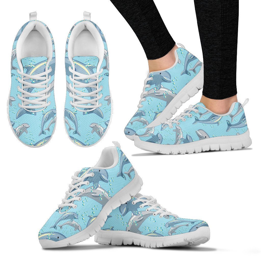 Dolphin Print Pattern White Sneakers, Personalized Shoes Custom Name, Text For Women, Men