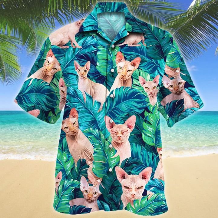 Sphynx Cat Tropical Leaves Button Shirt, Sphynx Cat Button Shirt, Summer Cat Hawaiian Shirt, Cat Leaf Hawaiian Shirt, Summer Tropical Shirt