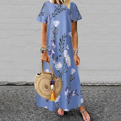 Bohemian Floral Printed Women Dress Short Sleeve Long Maxi Sundress O Neck Casual Loose Party Beach Robe Female Vestidos alx