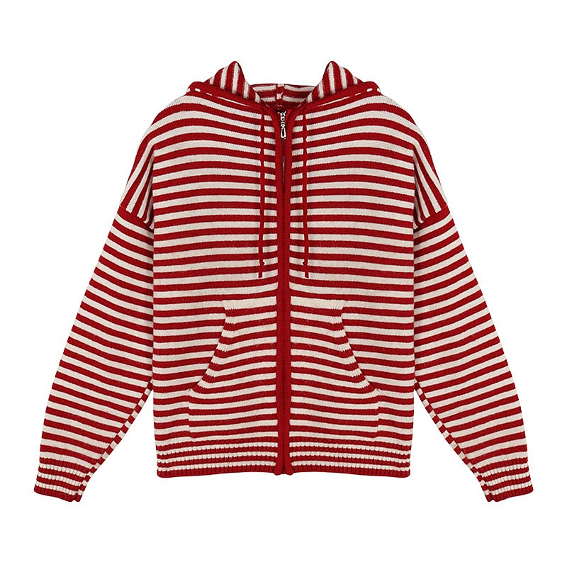 Vintage Casual Long Sleeve Red Striped Sweaters for Women 2022 Lazy Knitted Jacket Cropped Hooded Cardigan Fall Sueters Pull alx