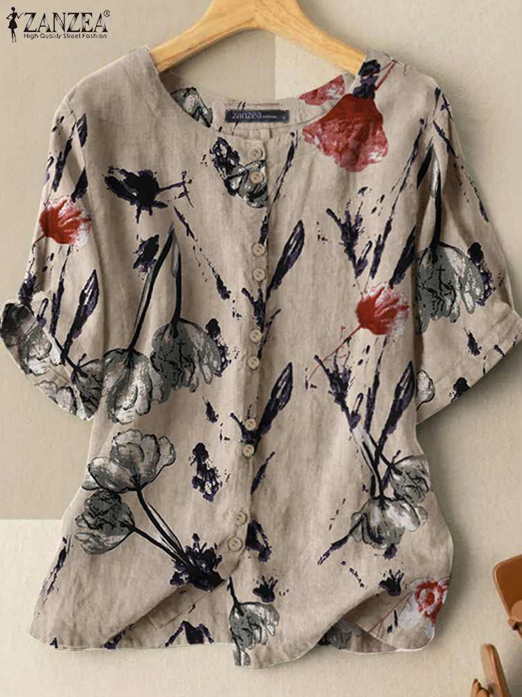 ZANZEA Women Summer Floral printed Shirt Short Sleeve O-Neck Button Blouse Bohemian Fashion Casual Holiday Elegant Loose Tops alx