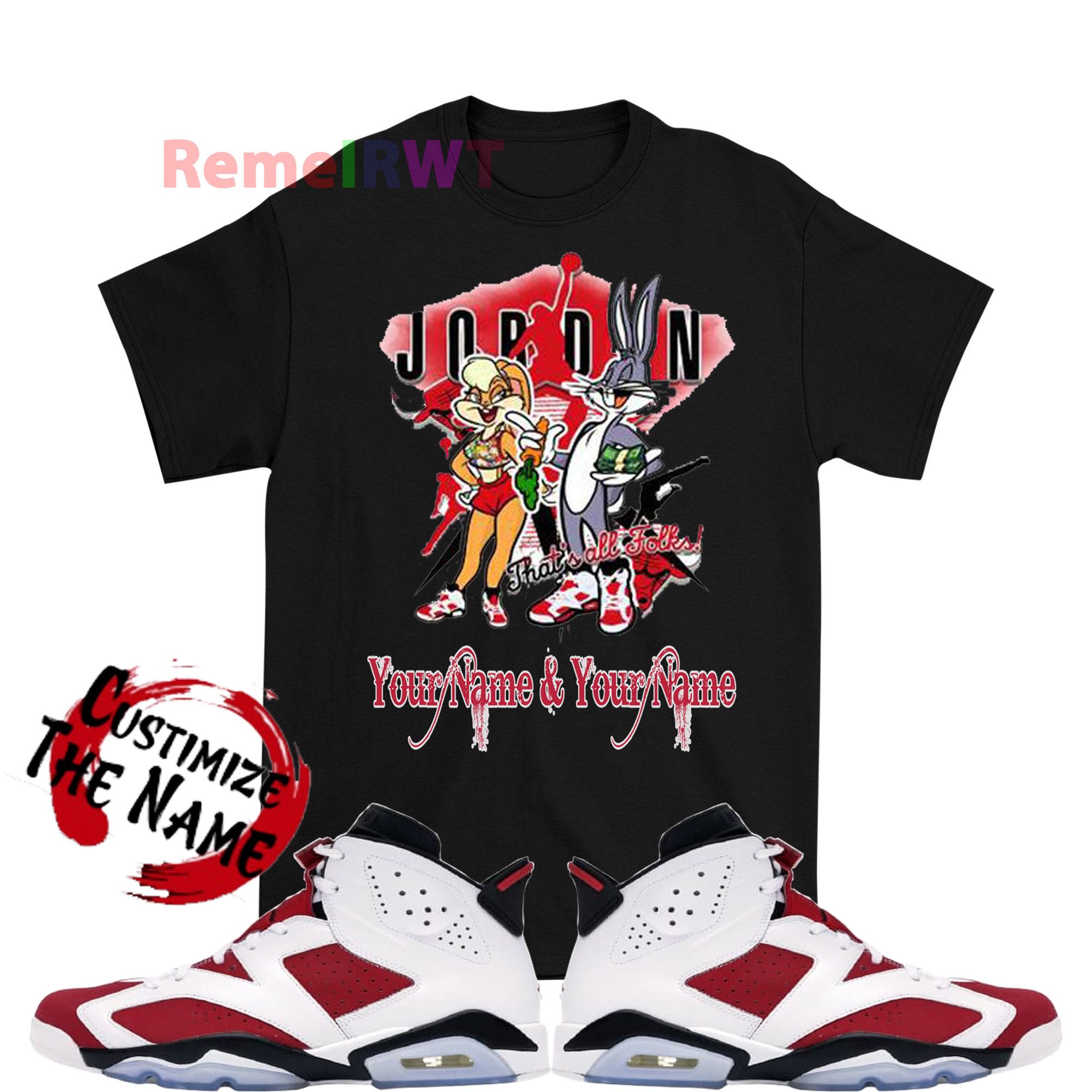 Custom Name Bugs Bunny and Lola T-shirt, Looney Tunes Tee Retro Jordan 6 Carmine Sneaker 2D T-shirt Gift for friend